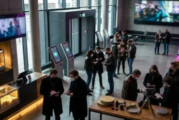 Photorealistic photograph of a modern cinema lobby with digital showtime screens, ticket booking kiosks, popcorn counter, and moviegoers comparing schedules on smartphones, natural lighting, realistic textures, contemporary multiplex atmosphere, no text in image