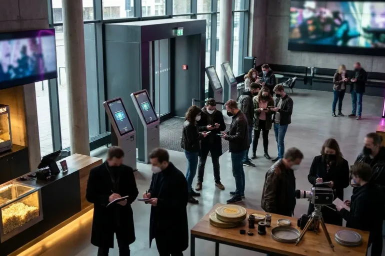 Photorealistic photograph of a modern cinema lobby with digital showtime screens, ticket booking kiosks, popcorn counter, and moviegoers comparing schedules on smartphones, natural lighting, realistic textures, contemporary multiplex atmosphere, no text in image