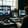 Fotorealistische Hero-Szene eines modernen Wohnzimmers bei natürlichem Licht, ein großer Fernseher mit neutraler Streaming-Oberfläche und mehreren Filmkacheln, eine Person sitzt entspannt mit Fernbedienung und Notizblock vor dem Bildschirm, stilvolle Couch, warme realistische Texturen, dezente Kino-Atmosphäre, modernes Interior, kein Text im Bild