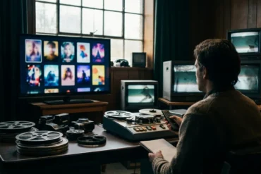 Fotorealistische Hero-Szene eines modernen Wohnzimmers bei natürlichem Licht, ein großer Fernseher mit neutraler Streaming-Oberfläche und mehreren Filmkacheln, eine Person sitzt entspannt mit Fernbedienung und Notizblock vor dem Bildschirm, stilvolle Couch, warme realistische Texturen, dezente Kino-Atmosphäre, modernes Interior, kein Text im Bild