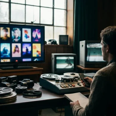 Fotorealistische Hero-Szene eines modernen Wohnzimmers bei natürlichem Licht, ein großer Fernseher mit neutraler Streaming-Oberfläche und mehreren Filmkacheln, eine Person sitzt entspannt mit Fernbedienung und Notizblock vor dem Bildschirm, stilvolle Couch, warme realistische Texturen, dezente Kino-Atmosphäre, modernes Interior, kein Text im Bild
