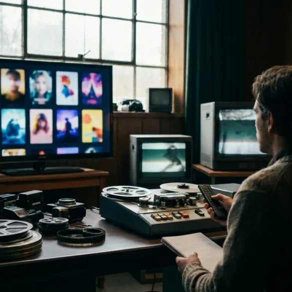 Fotorealistische Hero-Szene eines modernen Wohnzimmers bei natürlichem Licht, ein großer Fernseher mit neutraler Streaming-Oberfläche und mehreren Filmkacheln, eine Person sitzt entspannt mit Fernbedienung und Notizblock vor dem Bildschirm, stilvolle Couch, warme realistische Texturen, dezente Kino-Atmosphäre, modernes Interior, kein Text im Bild