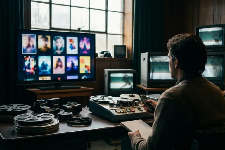 Fotorealistische Hero-Szene eines modernen Wohnzimmers bei natürlichem Licht, ein großer Fernseher mit neutraler Streaming-Oberfläche und mehreren Filmkacheln, eine Person sitzt entspannt mit Fernbedienung und Notizblock vor dem Bildschirm, stilvolle Couch, warme realistische Texturen, dezente Kino-Atmosphäre, modernes Interior, kein Text im Bild