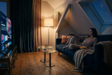 Fotorealistische Szene in einem gemütlichen deutschen Wohnzimmer am Abend: eine einzelne Person sitzt entspannt auf einem Sofa mit Fernbedienung in der Hand, auf dem großen Fernseher ist eine farbenfrohe Streaming-Oberfläche ohne lesbare Schrift zu sehen, daneben liegen Snacks und eine Decke, warmes natürliches Licht von einer Stehlampe trifft auf dezentes Blau aus dem Bildschirm. Realistische Texturen bei Stoffen, Holz und Glas, klare Tiefenschärfe, moderne aber wohnliche Einrichtung, stimmungsvolle Farben zwischen Dunkelblau, Orange und warmen Beigetönen, ein hochwertiger Editorial-Look ohne Text, Zahlen oder Logos im Bild.