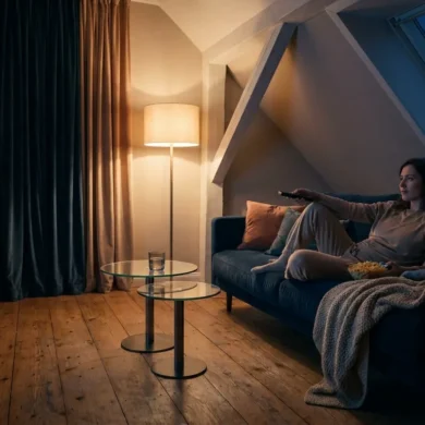 Fotorealistische Szene in einem gemütlichen deutschen Wohnzimmer am Abend: eine einzelne Person sitzt entspannt auf einem Sofa mit Fernbedienung in der Hand, auf dem großen Fernseher ist eine farbenfrohe Streaming-Oberfläche ohne lesbare Schrift zu sehen, daneben liegen Snacks und eine Decke, warmes natürliches Licht von einer Stehlampe trifft auf dezentes Blau aus dem Bildschirm. Realistische Texturen bei Stoffen, Holz und Glas, klare Tiefenschärfe, moderne aber wohnliche Einrichtung, stimmungsvolle Farben zwischen Dunkelblau, Orange und warmen Beigetönen, ein hochwertiger Editorial-Look ohne Text, Zahlen oder Logos im Bild.
