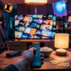 Fotorealistische Szene in einem modernen Wohnzimmer bei natürlichem Abendlicht: eine einzelne Person sitzt entspannt auf einem Sofa, hält eine Fernbedienung in der Hand und blickt auf einen großen Fernseher mit einer Streaming-Oberfläche ohne lesbare Schrift, dazu ein Couchtisch mit Popcorn, dezenter Lampe und realistischen Stoff- und Holztexturen. Warme, wohnliche Farben, leichte Tiefenschärfe, authentische Lichtreflexe auf dem Bildschirm, gemütliche Stimmung mit Fokus auf Entscheidungsmoment beim Streamen, keine Wörter, keine Zahlen, keine Logos.