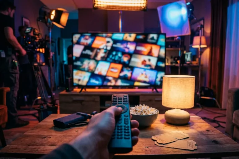 Fotorealistische Szene in einem modernen Wohnzimmer bei natürlichem Abendlicht: eine einzelne Person sitzt entspannt auf einem Sofa, hält eine Fernbedienung in der Hand und blickt auf einen großen Fernseher mit einer Streaming-Oberfläche ohne lesbare Schrift, dazu ein Couchtisch mit Popcorn, dezenter Lampe und realistischen Stoff- und Holztexturen. Warme, wohnliche Farben, leichte Tiefenschärfe, authentische Lichtreflexe auf dem Bildschirm, gemütliche Stimmung mit Fokus auf Entscheidungsmoment beim Streamen, keine Wörter, keine Zahlen, keine Logos.