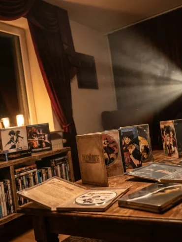 Fotorealistische Szene in einem gemütlichen deutschen Wohnzimmer mit natürlichem Fensterlicht: ein niedriges Holzregal voller DVDs und ausgewählter Collector's Editions, im Vordergrund einige geöffnete Anime- und Klassiker-Hüllen mit realistischen Texturen aus Karton, Kunststoff und glänzendem Steelbook-Metall. Warme, ruhige Farbpalette, weiche Schatten, cineastische Atmosphäre, aufgeräumte Komposition ohne sichtbaren Schriftinhalt, Fokus auf Sammlerästhetik, Heimkino-Stimmung und hochwertige physische Medien.
