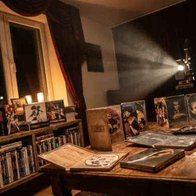 Fotorealistische Szene in einem gemütlichen deutschen Wohnzimmer mit natürlichem Fensterlicht: ein niedriges Holzregal voller DVDs und ausgewählter Collector's Editions, im Vordergrund einige geöffnete Anime- und Klassiker-Hüllen mit realistischen Texturen aus Karton, Kunststoff und glänzendem Steelbook-Metall. Warme, ruhige Farbpalette, weiche Schatten, cineastische Atmosphäre, aufgeräumte Komposition ohne sichtbaren Schriftinhalt, Fokus auf Sammlerästhetik, Heimkino-Stimmung und hochwertige physische Medien.