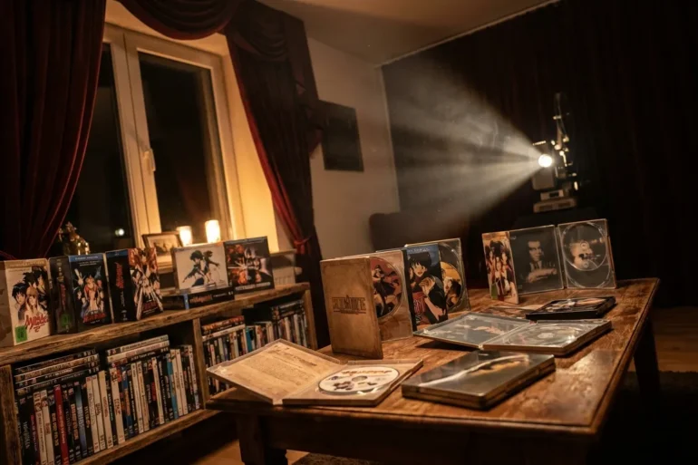 Fotorealistische Szene in einem gemütlichen deutschen Wohnzimmer mit natürlichem Fensterlicht: ein niedriges Holzregal voller DVDs und ausgewählter Collector's Editions, im Vordergrund einige geöffnete Anime- und Klassiker-Hüllen mit realistischen Texturen aus Karton, Kunststoff und glänzendem Steelbook-Metall. Warme, ruhige Farbpalette, weiche Schatten, cineastische Atmosphäre, aufgeräumte Komposition ohne sichtbaren Schriftinhalt, Fokus auf Sammlerästhetik, Heimkino-Stimmung und hochwertige physische Medien.