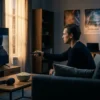 Fotorealistische Szene in einem gemütlichen modernen Wohnzimmer bei natürlichem Abendlicht: eine einzelne Person sitzt auf einem Sofa vor einem großen Fernseher und hält eine Fernbedienung in der Hand, sichtbar im Entscheidungsmodus zwischen Originalfassung und deutscher Synchronisation, mit realistischer Hautstruktur, Stofftexturen, Holzoberflächen und weichem Licht von einer Fensterseite. Auf dem Couchtisch liegen eine Schüssel Popcorn und Kopfhörer, die Stimmung ist konzentriert, warm und cineastisch, Farbpalette aus sanften Blau-, Grau- und Bernsteintönen, keinerlei Text, Zahlen oder Symbole im Bild.