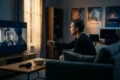 Fotorealistische Szene in einem gemütlichen modernen Wohnzimmer bei natürlichem Abendlicht: eine einzelne Person sitzt auf einem Sofa vor einem großen Fernseher und hält eine Fernbedienung in der Hand, sichtbar im Entscheidungsmodus zwischen Originalfassung und deutscher Synchronisation, mit realistischer Hautstruktur, Stofftexturen, Holzoberflächen und weichem Licht von einer Fensterseite. Auf dem Couchtisch liegen eine Schüssel Popcorn und Kopfhörer, die Stimmung ist konzentriert, warm und cineastisch, Farbpalette aus sanften Blau-, Grau- und Bernsteintönen, keinerlei Text, Zahlen oder Symbole im Bild.