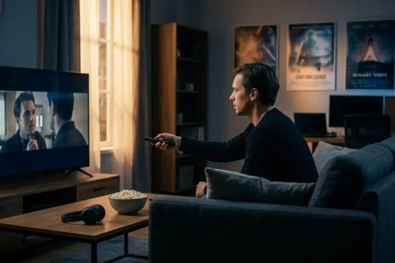 Fotorealistische Szene in einem gemütlichen modernen Wohnzimmer bei natürlichem Abendlicht: eine einzelne Person sitzt auf einem Sofa vor einem großen Fernseher und hält eine Fernbedienung in der Hand, sichtbar im Entscheidungsmodus zwischen Originalfassung und deutscher Synchronisation, mit realistischer Hautstruktur, Stofftexturen, Holzoberflächen und weichem Licht von einer Fensterseite. Auf dem Couchtisch liegen eine Schüssel Popcorn und Kopfhörer, die Stimmung ist konzentriert, warm und cineastisch, Farbpalette aus sanften Blau-, Grau- und Bernsteintönen, keinerlei Text, Zahlen oder Symbole im Bild.