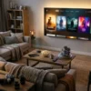 Fotorealistische Hero-Szene für einen Streaming-Vergleich zu Oscar-Filmen: ein stilvolles Wohnzimmer bei natürlichem Abendlicht, großer Fernseher mit cineastischer Lichtstimmung, vier unterschiedliche Filmstimmungen subtil durch Farben und Requisiten angedeutet, moderne Couch, Fernbedienung, Snacks, hochwertige realistische Texturen bei Stoff, Holz und Glas, filmische Tiefenschärfe, natürliches Licht, kein Text im Bild