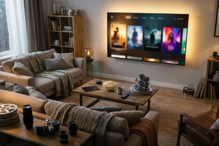 Fotorealistische Hero-Szene für einen Streaming-Vergleich zu Oscar-Filmen: ein stilvolles Wohnzimmer bei natürlichem Abendlicht, großer Fernseher mit cineastischer Lichtstimmung, vier unterschiedliche Filmstimmungen subtil durch Farben und Requisiten angedeutet, moderne Couch, Fernbedienung, Snacks, hochwertige realistische Texturen bei Stoff, Holz und Glas, filmische Tiefenschärfe, natürliches Licht, kein Text im Bild