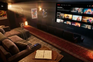 Fotorealistische Szene eines modernen Wohnzimmers mit großem Fernseher, auf dem eine Streaming-Auswahl mit Serienwelten angedeutet wird, daneben Fernbedienung, Notizbuch mit Watchlist und Sofa in warmer natürlicher Beleuchtung, realistische Texturen, dezente cineastische Atmosphäre, kein Text im Bild