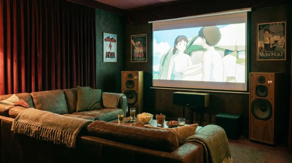 stimmungsvolle heimkino szene-mit anime filmabend sofa-bild
