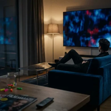 Ein dunkles, stilvolles Wohnzimmer am Abend mit genau 1 Person auf einem Sofa, die konzentriert auf einen großen Fernseher blickt, während auf dem Bildschirm nur abstrakte, spannungsgeladene Lichtstimmungen in Blau, Schwarz und kaltem Rot zu sehen sind, ohne Text oder Logos. Natürliche Lichtquellen durch gedämpfte Stehlampe und schwaches Stadtlicht von draußen, fotorealistische Fotografie mit realistischen Stofftexturen, Hauttönen, Reflexionen auf Glas und Metall, cineastische Komposition mit moderner Streaming-Atmosphäre und subtiler Thriller-Stimmung.