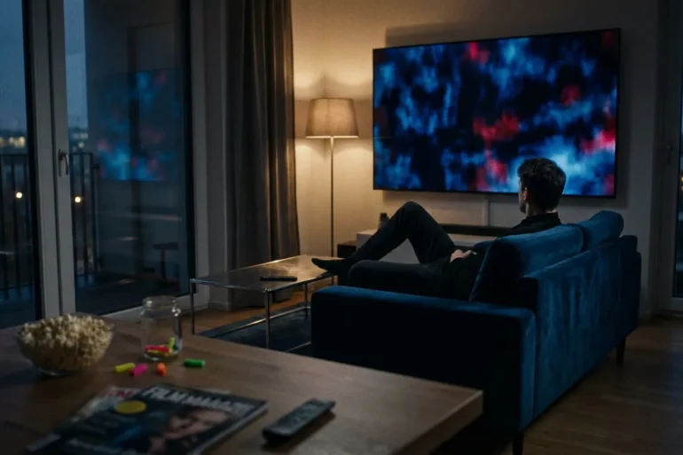 Ein dunkles, stilvolles Wohnzimmer am Abend mit genau 1 Person auf einem Sofa, die konzentriert auf einen großen Fernseher blickt, während auf dem Bildschirm nur abstrakte, spannungsgeladene Lichtstimmungen in Blau, Schwarz und kaltem Rot zu sehen sind, ohne Text oder Logos. Natürliche Lichtquellen durch gedämpfte Stehlampe und schwaches Stadtlicht von draußen, fotorealistische Fotografie mit realistischen Stofftexturen, Hauttönen, Reflexionen auf Glas und Metall, cineastische Komposition mit moderner Streaming-Atmosphäre und subtiler Thriller-Stimmung.